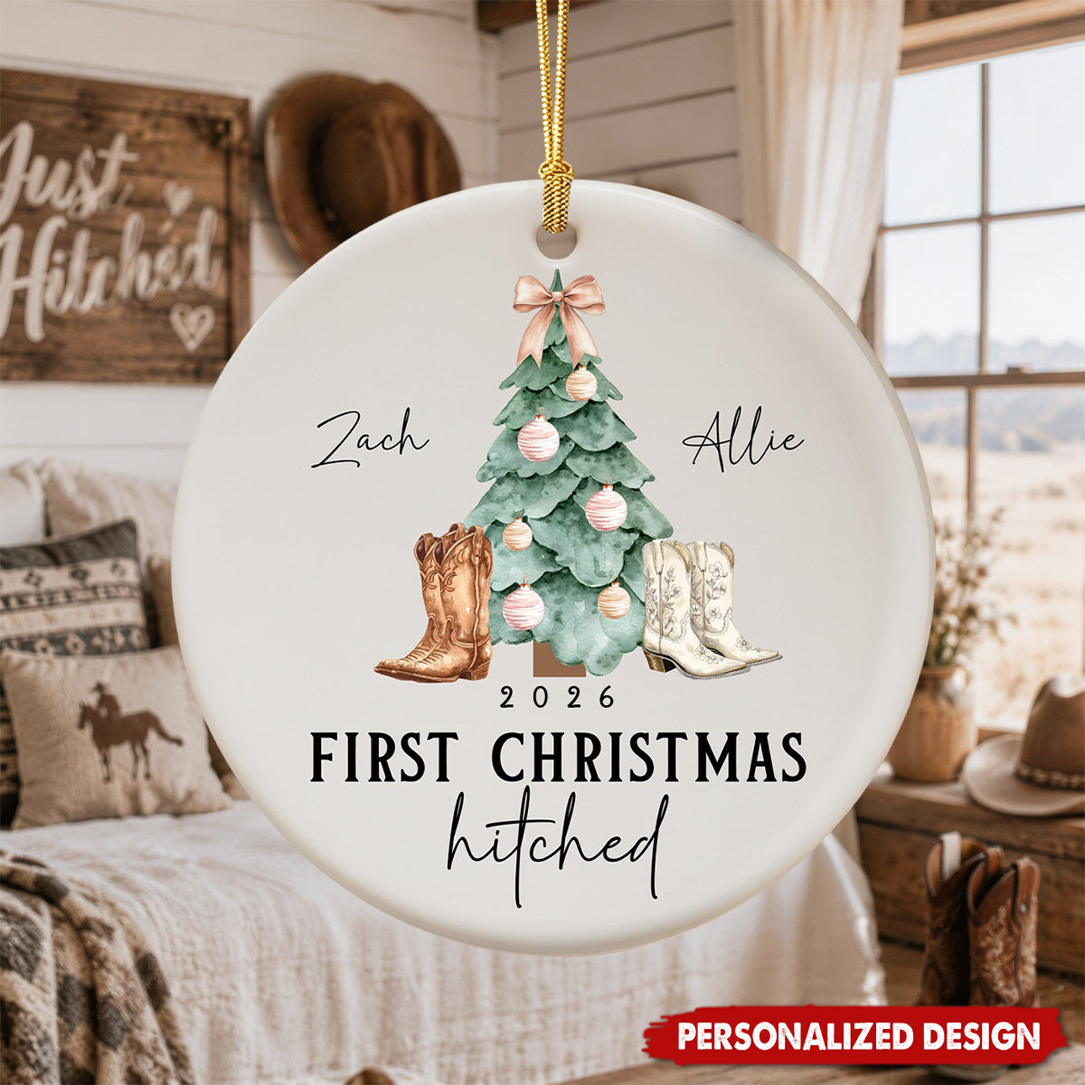 First Christmas Married - Country Western Personalized Ornament For Newlywed Gift