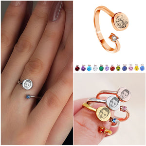 Custom Birthstone Open Ring - Personalized Photo Engraving Ring