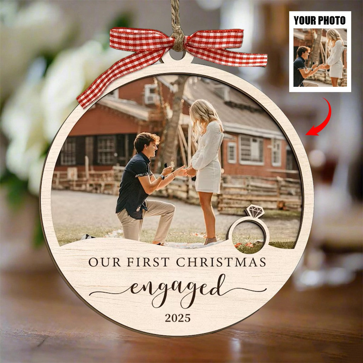 Our First Christmas Engaged - Custom Photo Keepsake Ornament