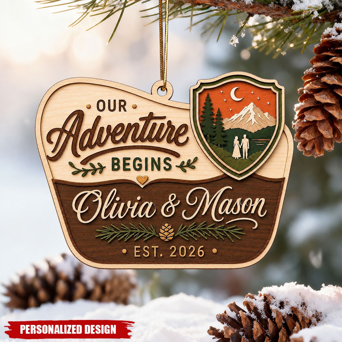 Our Adventure Begins Personalized Wood Couple Ornament