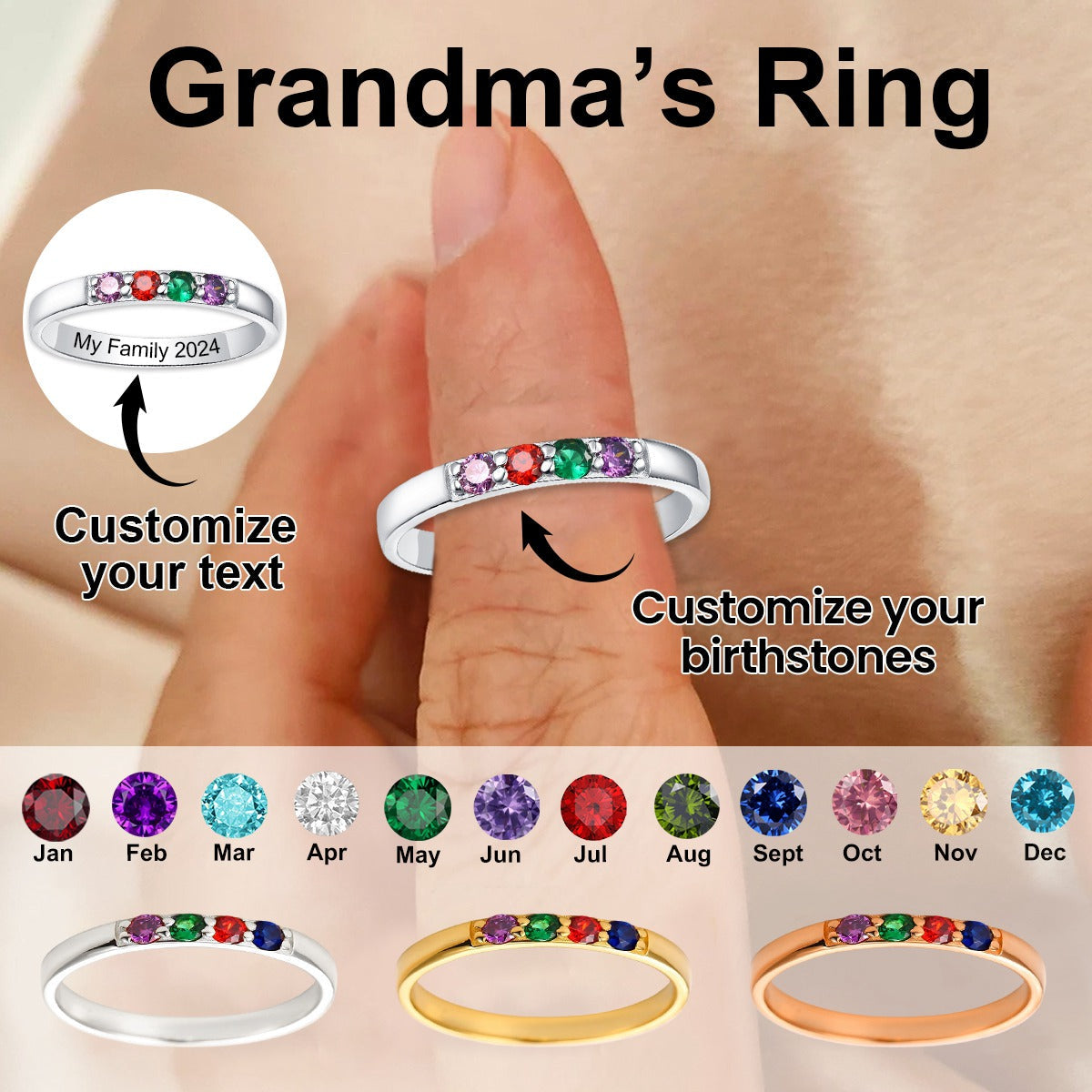 Personalized Family 1-6 Birthstones Ring-Gift For Grandma Mom