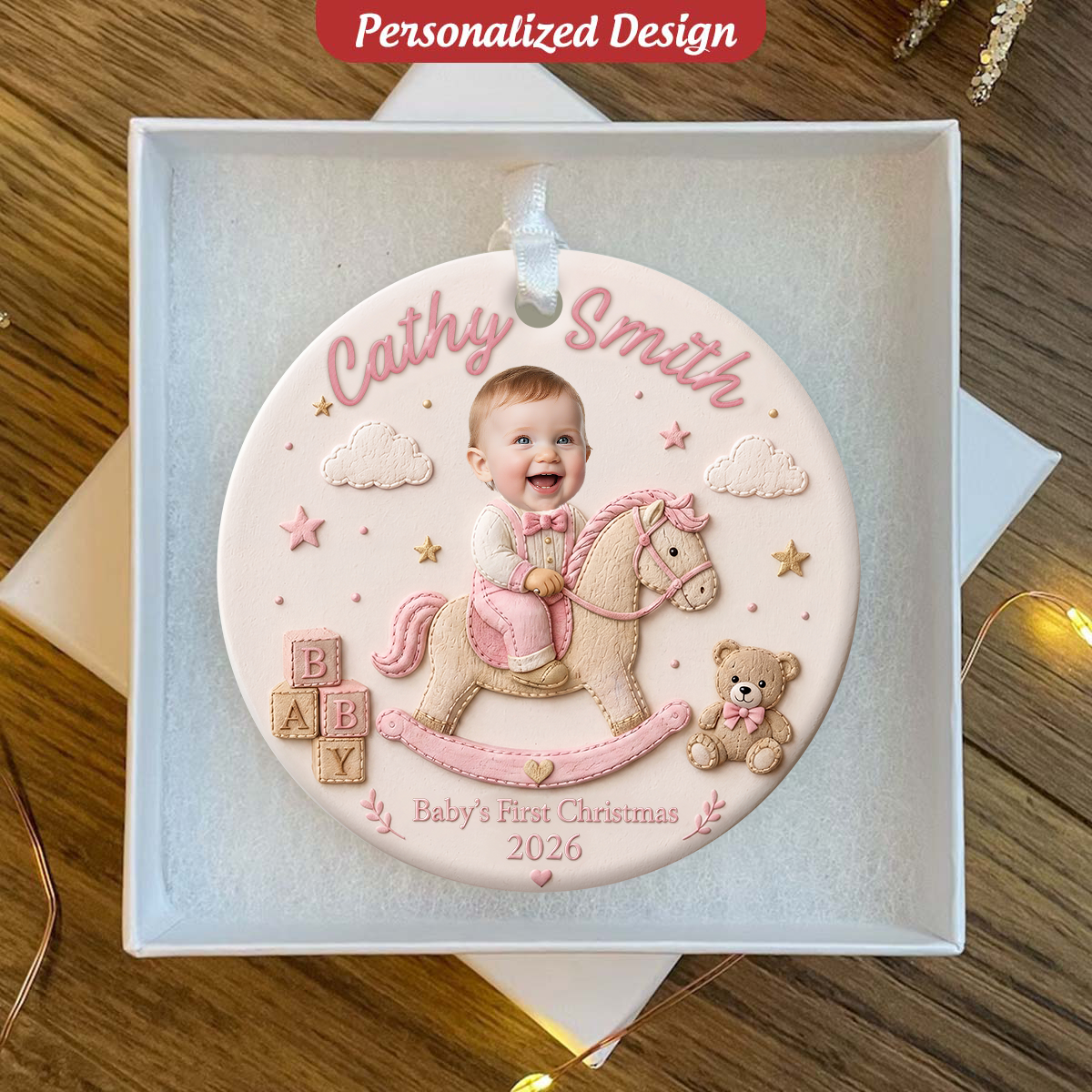 Personalized Baby's First Christmas Photo Ornament, Cute Baby On Rocking Horse