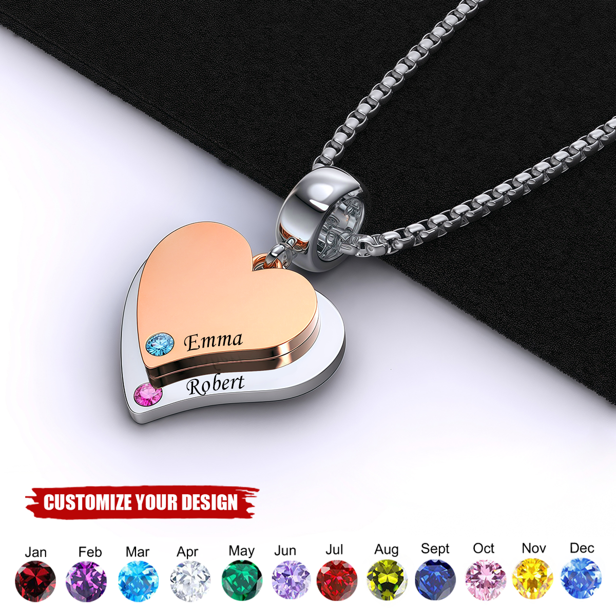 2 Name Stainless Steel Birthstone Heart Necklace