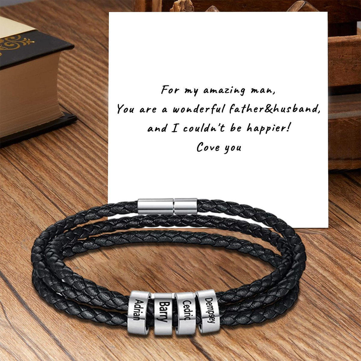 Personalized Men Braided Leather Bracelet With Small Custom Beads