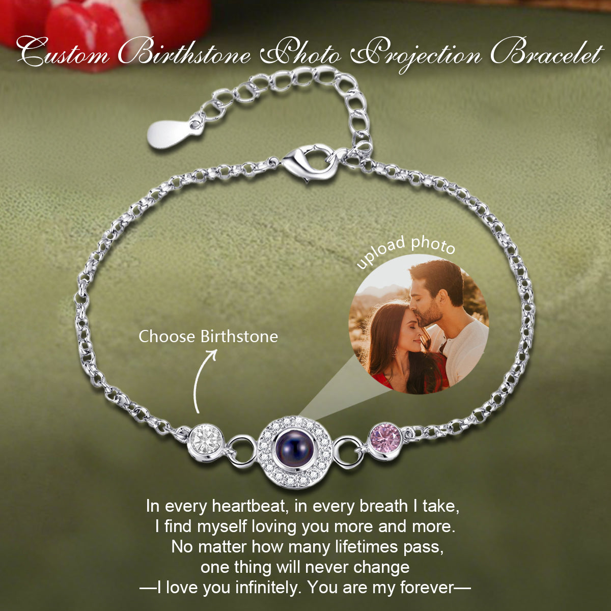 Custom Photo Projection Bracelet with Birthstone
