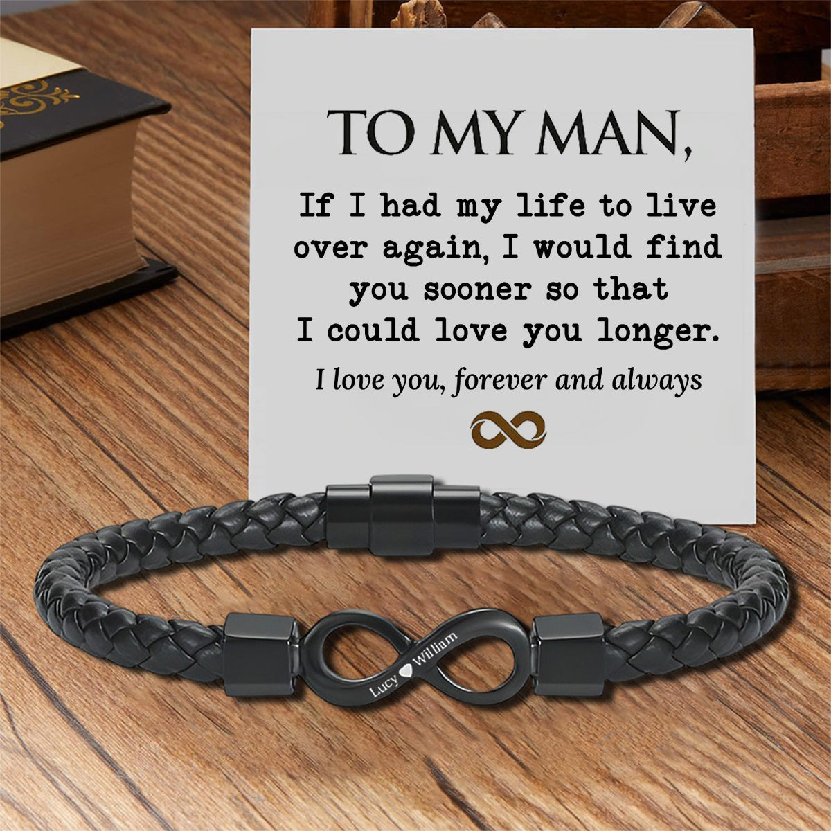To My Man,Personalized Dual Name Infinity Leather Bracelet