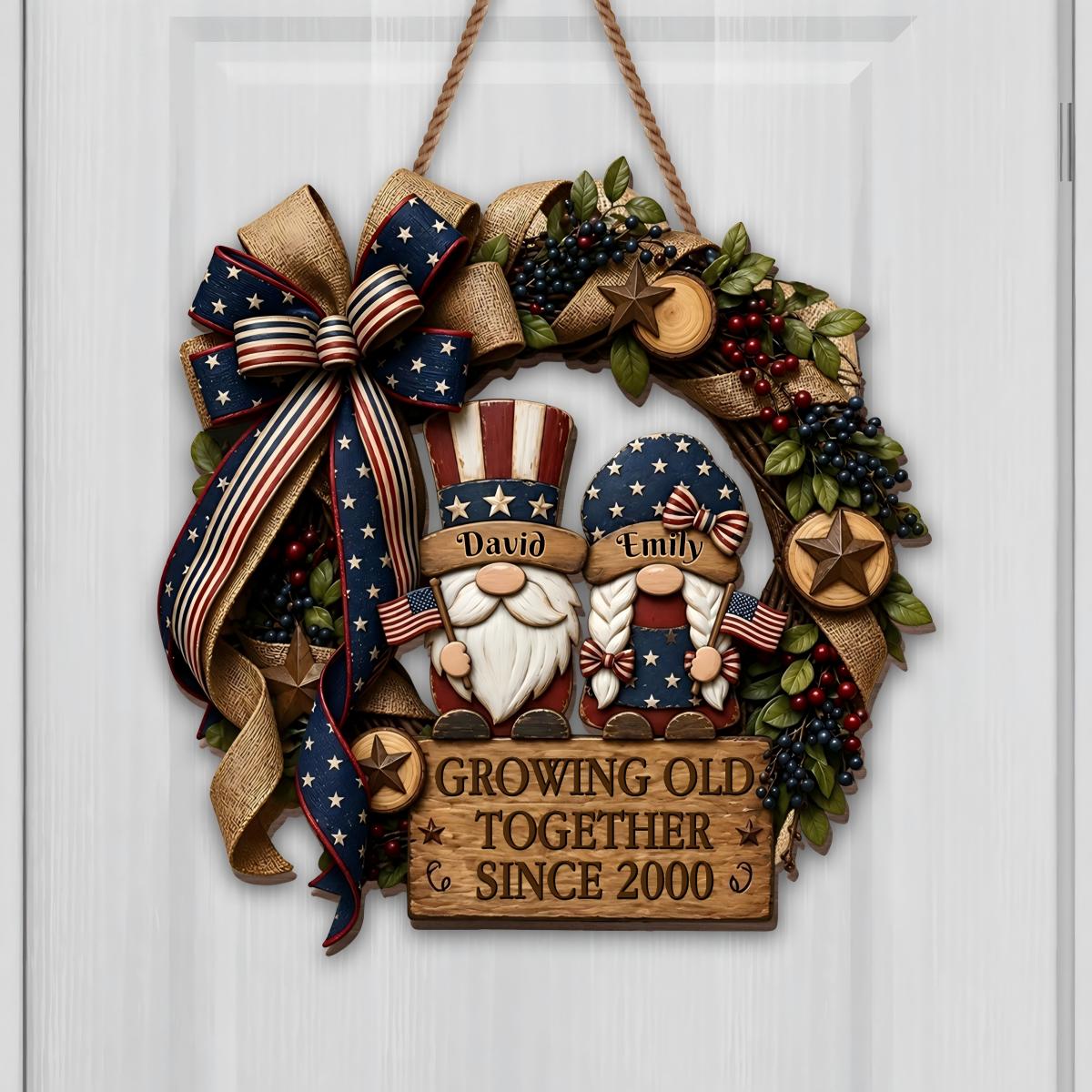 Growing Old Together Patriotic Couple Wreath Wood Sign