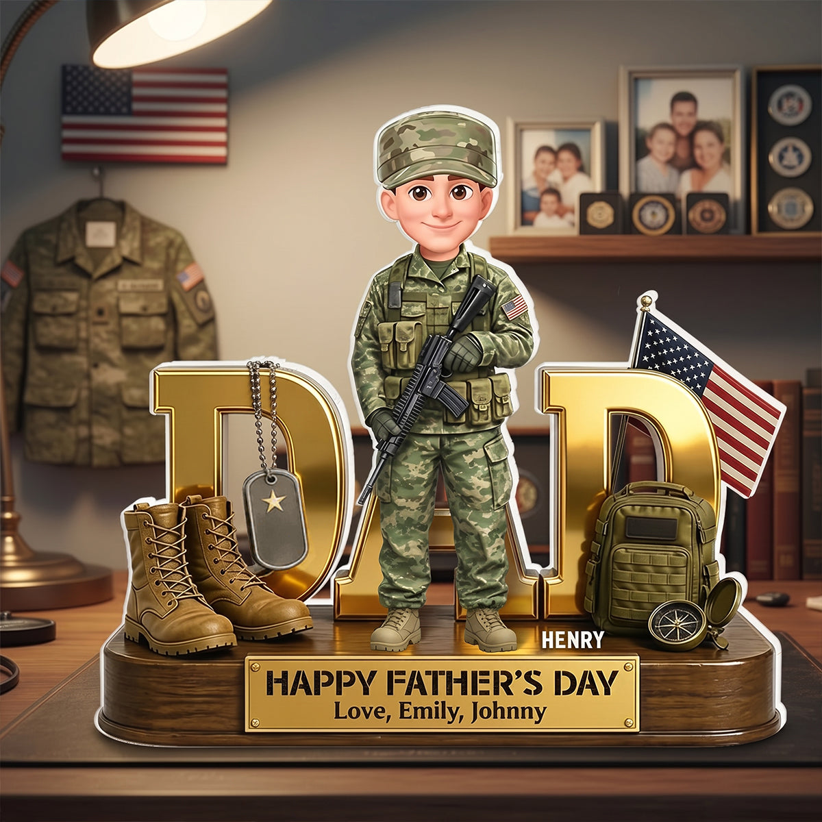 Army Dad with US Flag & Gear, Father's Day Desk Decor