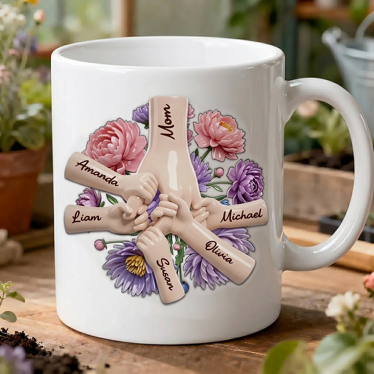 Personalized Family Hands Floral Ceramic Mug, Gift For Mom And Family