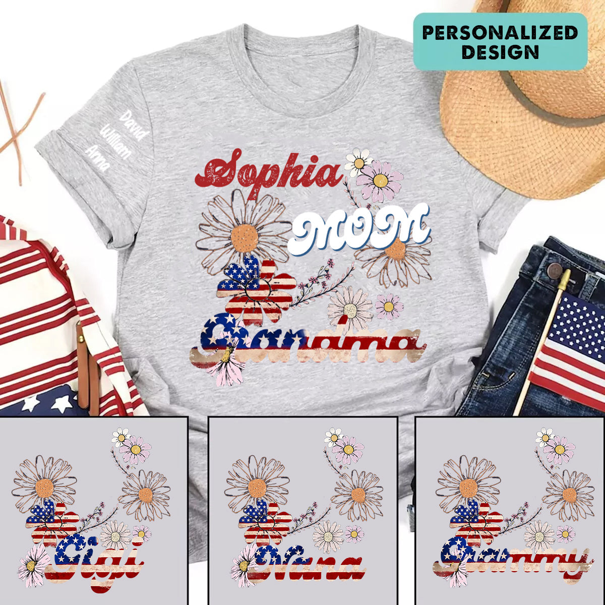 Nana Grandma 4th Of July Firecrackers with Kid's Names T-Shirt