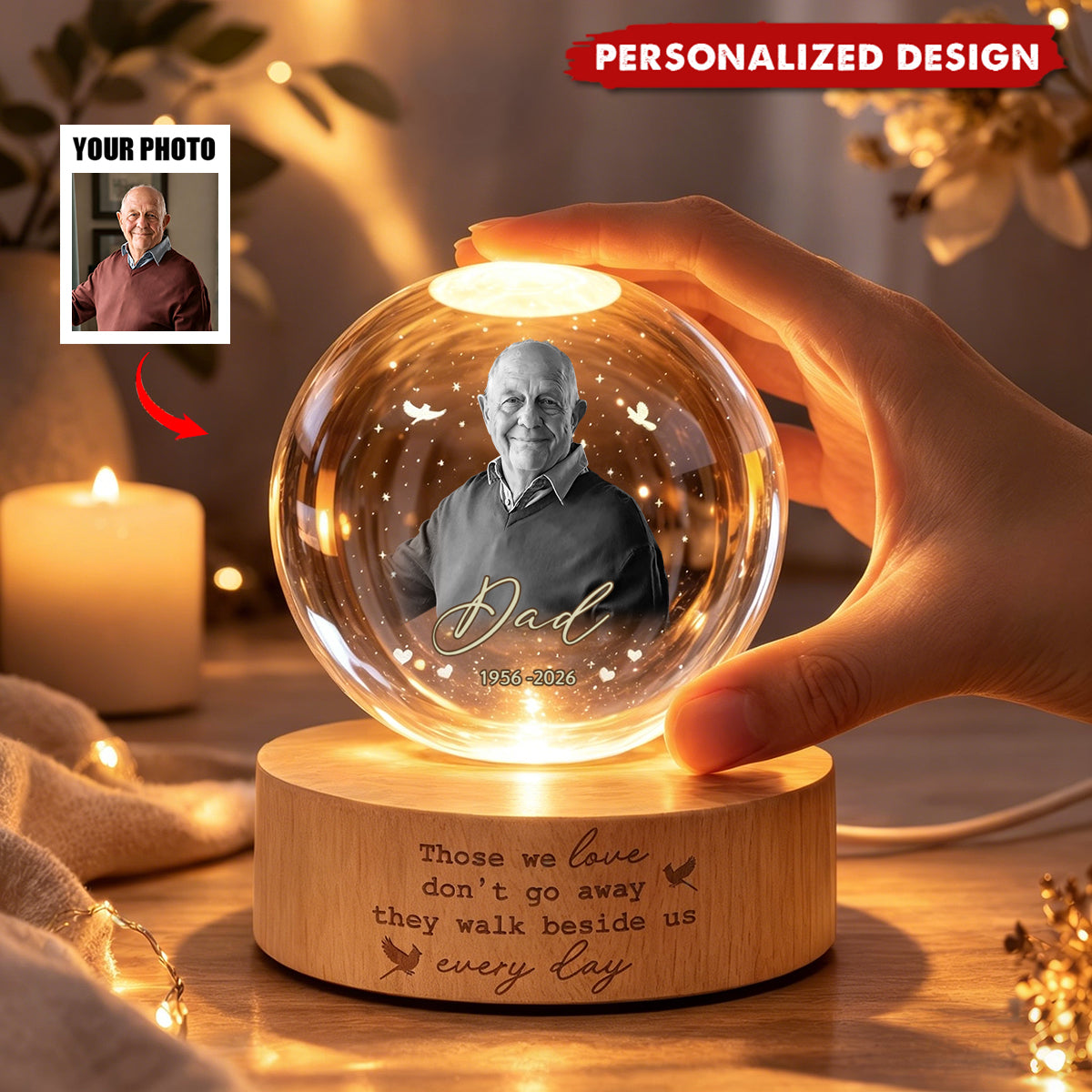 Custom Photo Memorial Crystal Ball Night Light, Loss of Dad, Mom, Family