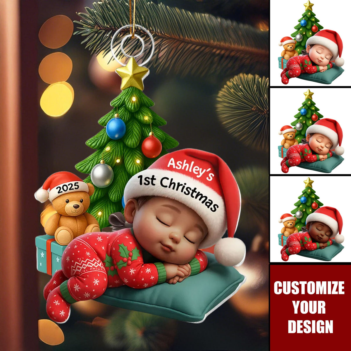 Sleeping Baby in Christmas Pajama Personalized Acrylic Ornament, Baby's 1st Christmas
