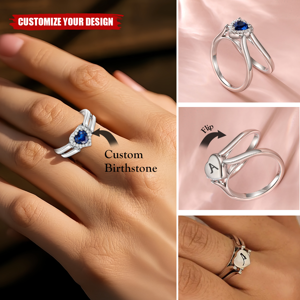 Custom Birthstone & Initials 925 Silver Flip Ring