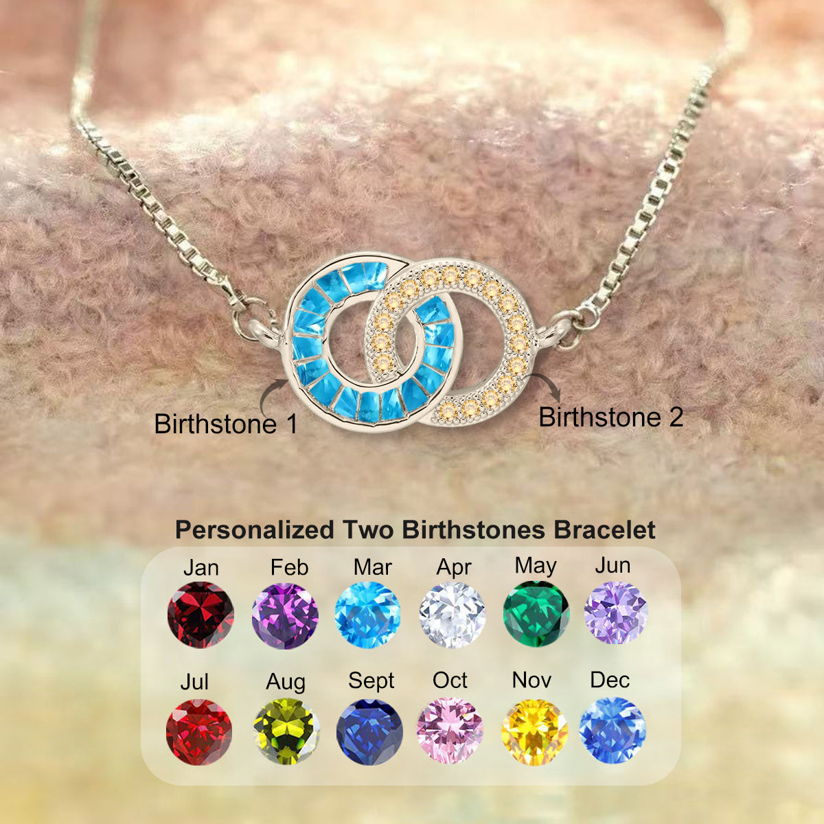 Personalized Double Circle Birthstone Couple Bracelet