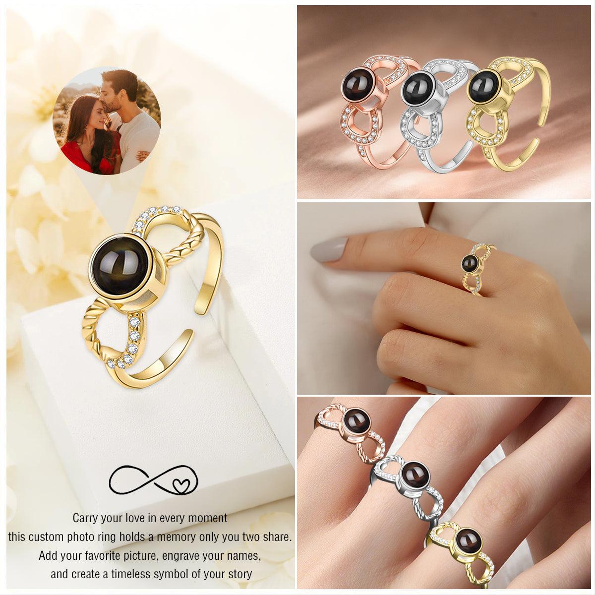 Personalized Projection Photo Adjustable Ring 925 Silver Ring