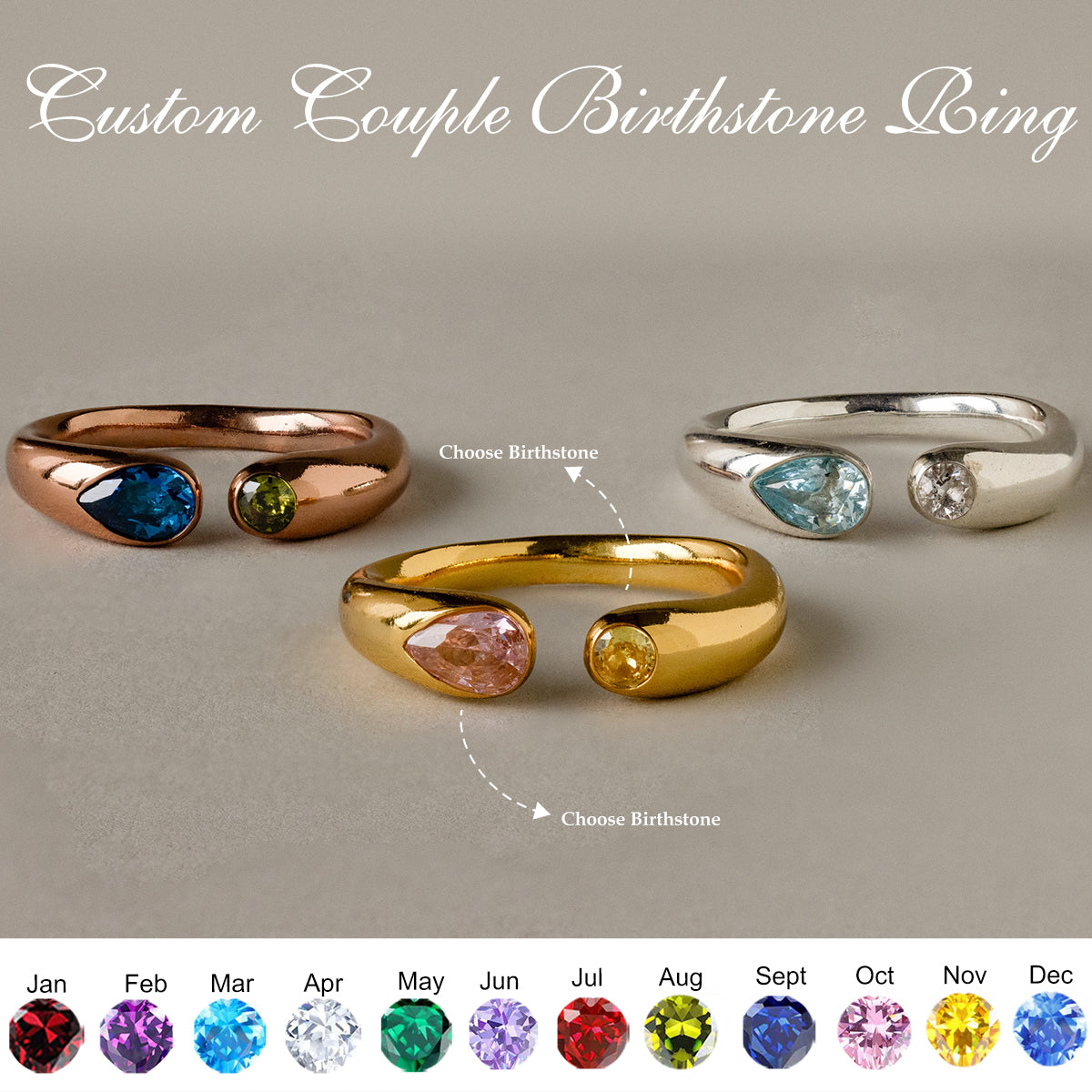 Round & Pear Cut Birthstone Couples Ring