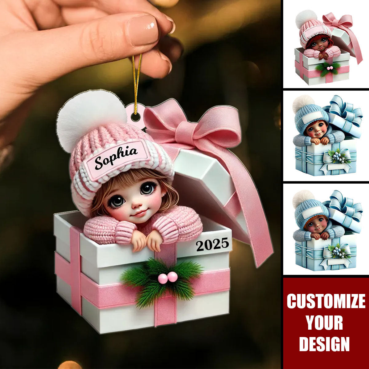 Kid Boy Girl Inside Gift Box Personalized Acrylic Ornament