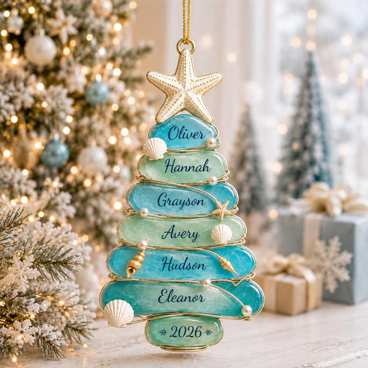 Personalized Sea Glass Tree Christmas Ornament, Custom Coastal Family Gift