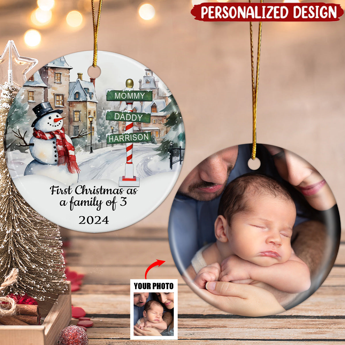 Firtst Christmas For A Family Of Three - Personalized Ceramic Ornament