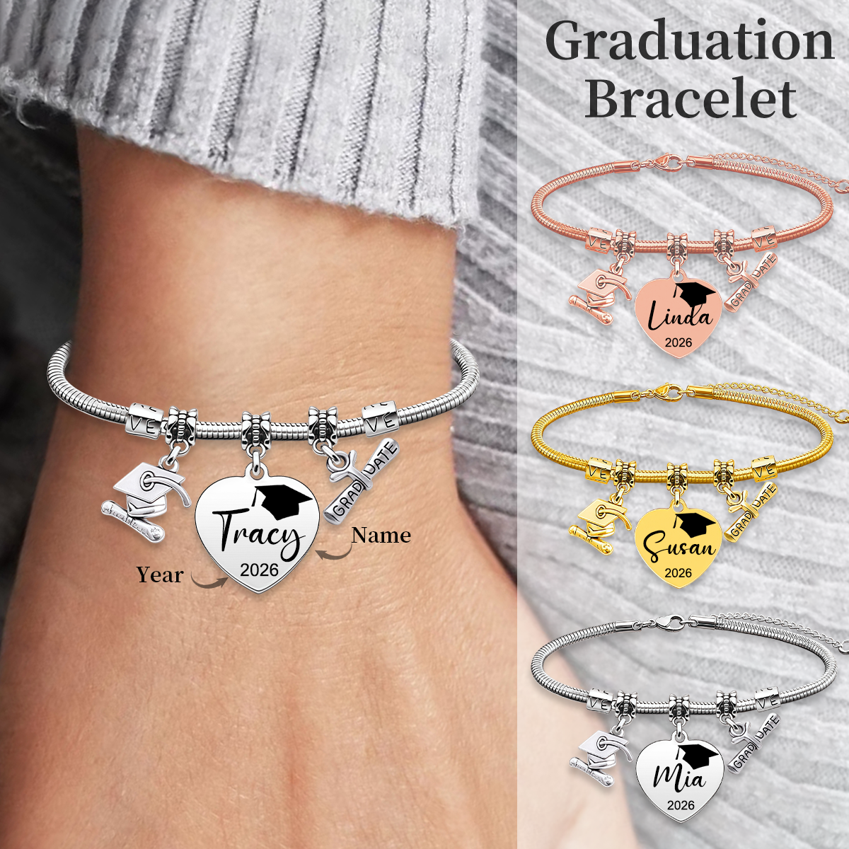 Personalized Custom Graduation Bracelet, Class of 2026