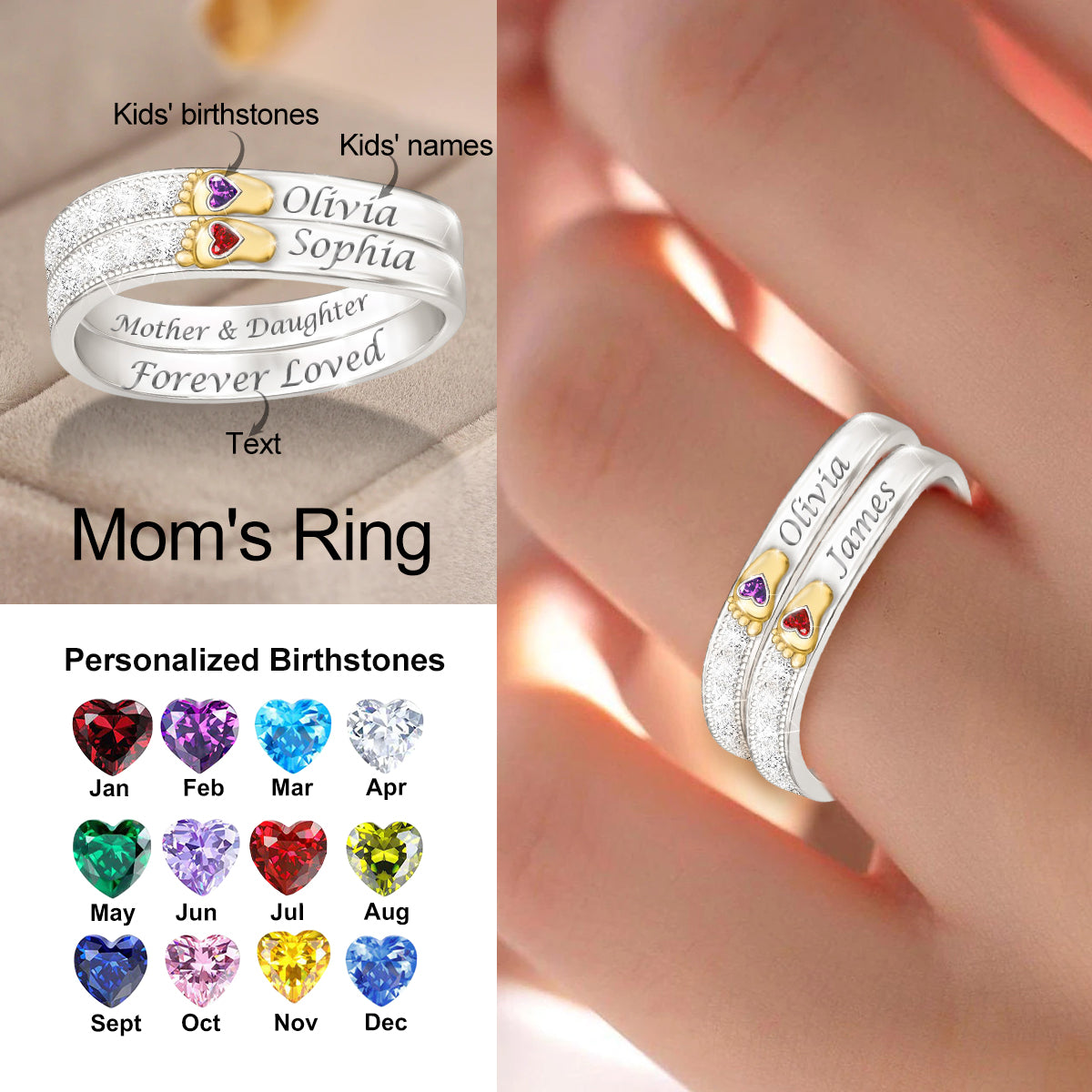 Personalized Baby Feet Ring with Birthstone-Gift For Mom