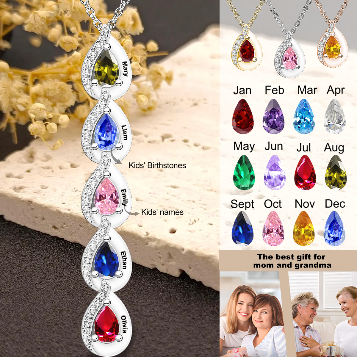 Personalized Dainty Birthstone 925 Silver Necklace, Gift For Grandma Mom