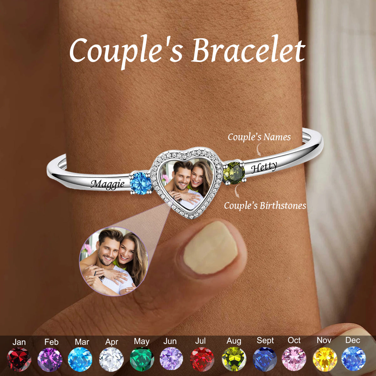 Together Forever -Personalized Couple Heart Photo Birthstone Bracelet