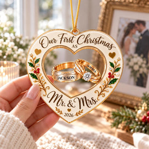 Personalized Couple Heart Ornament, Our First Christmas As Mr. And Mrs.