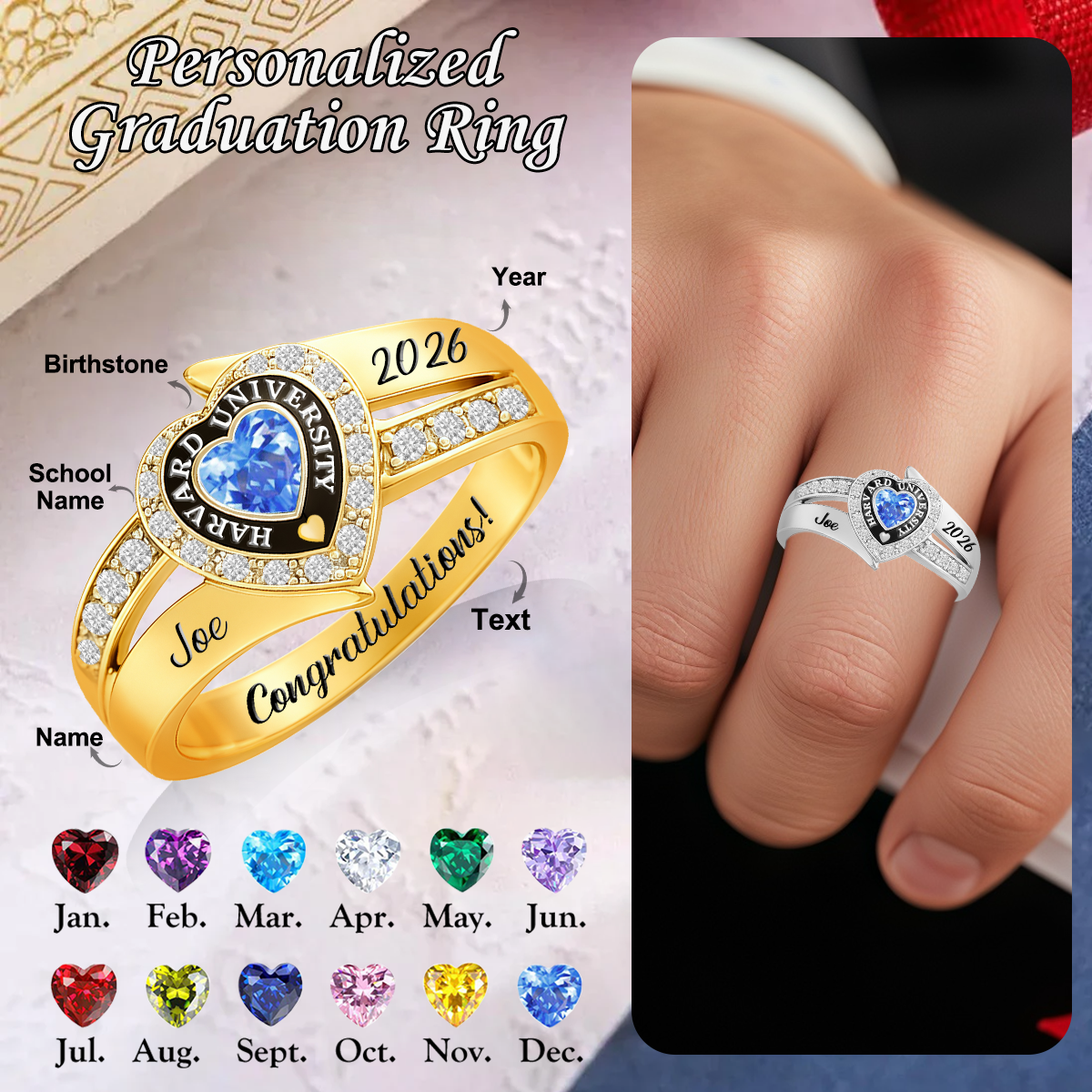 SAURON Personalized Engraved Heart Birthstone Graduation Ring Gift for Graduates