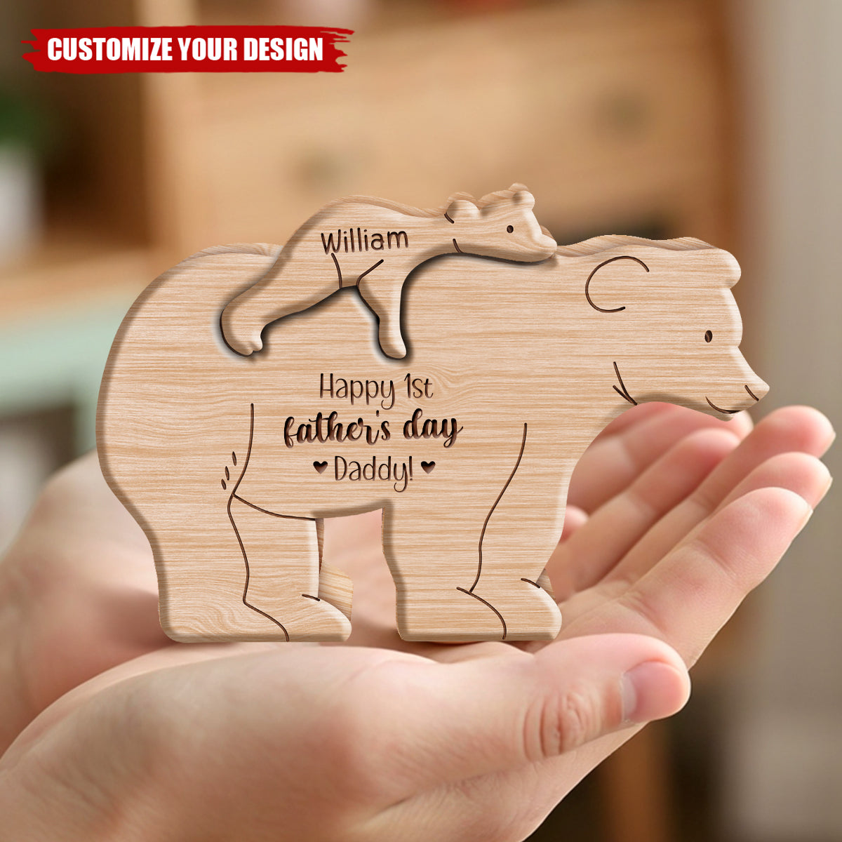 Happy Father's Day! - Personalized Handmade Name Engraved Wooden Bear Gift
