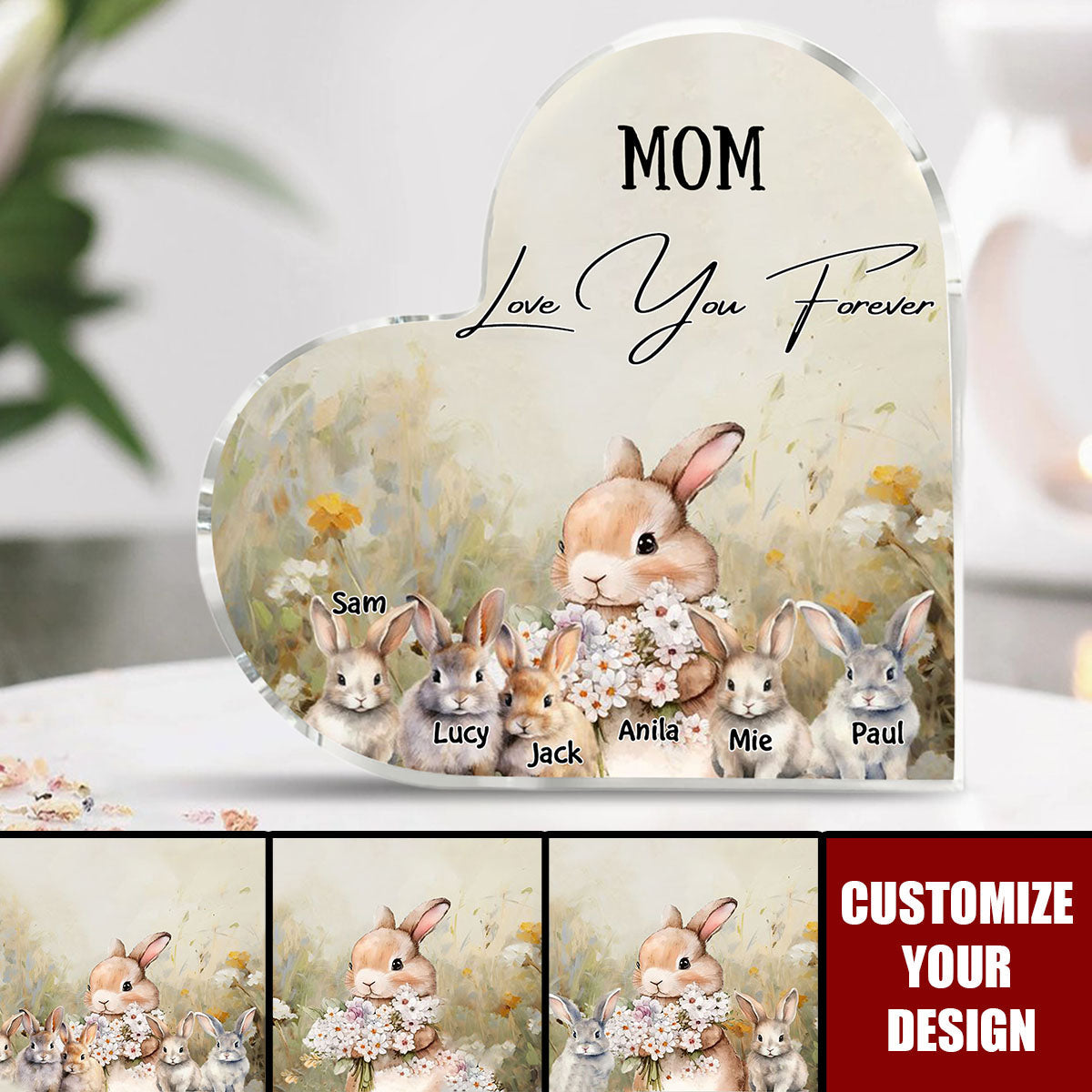 Grandma/Mom Bunny Family- Personalized Custom Heart Shaped Plaque