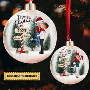 Winter Couple Hugging Kissing In The Snow Personalized Christmas Ball Ornament