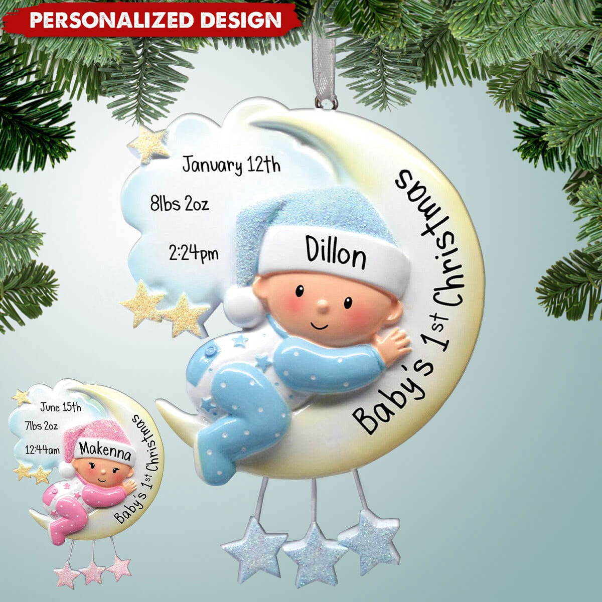 Baby Hugging Moon - Personalized First Christmas Ornament