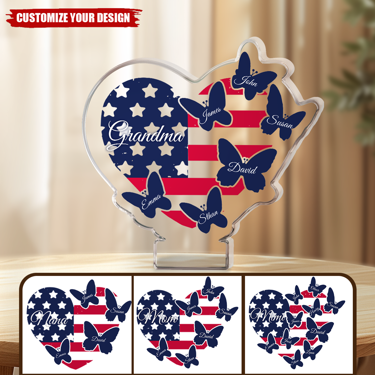 Butterfly American Flag Heart 4th Of July, Personalized Acrylic Plaque