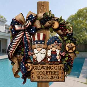 Growing Old Together Patriotic Couple Wreath Wood Sign