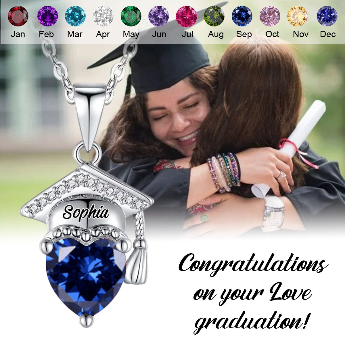 Graduation Gift Personalized Graduation Cap Heart Birthstone Necklace