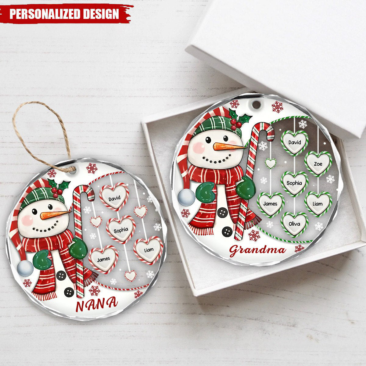 Personalized Grandma's Sweetheart Snowman Candy Circle Glass Ornament