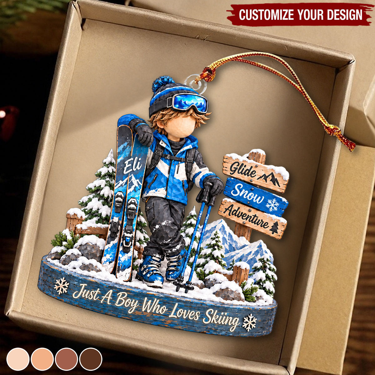 Personalized Ski Boy Ornament, Winter Sports Keepsake For Him