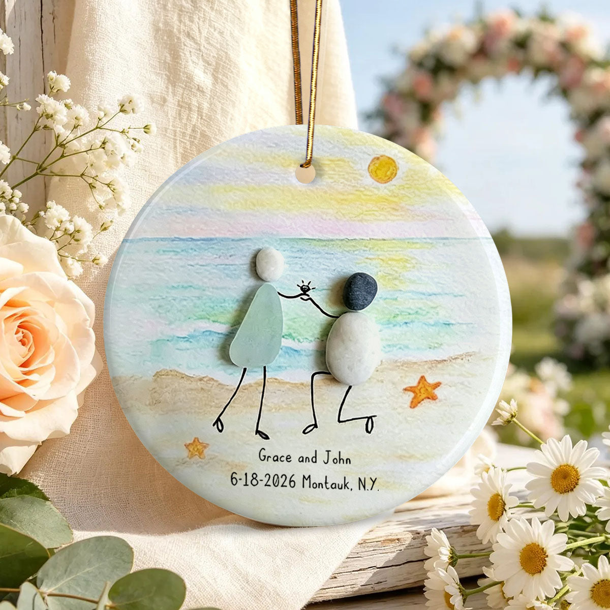 Personalized Sea Glass Pebble Engagement Ornament, Newlyweds Gift