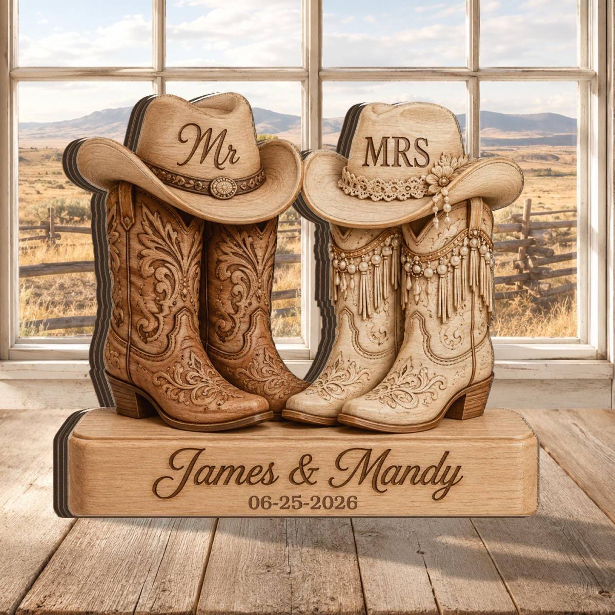 Personalized Cowboy Couple Wooden Block With Names and Date