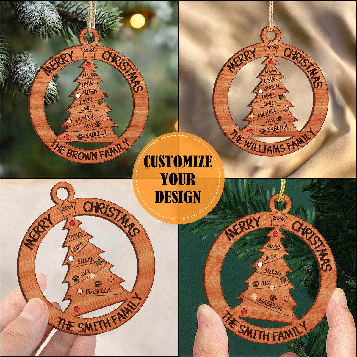 Family Christmas Tree With Names Personalized Wooden Ornament