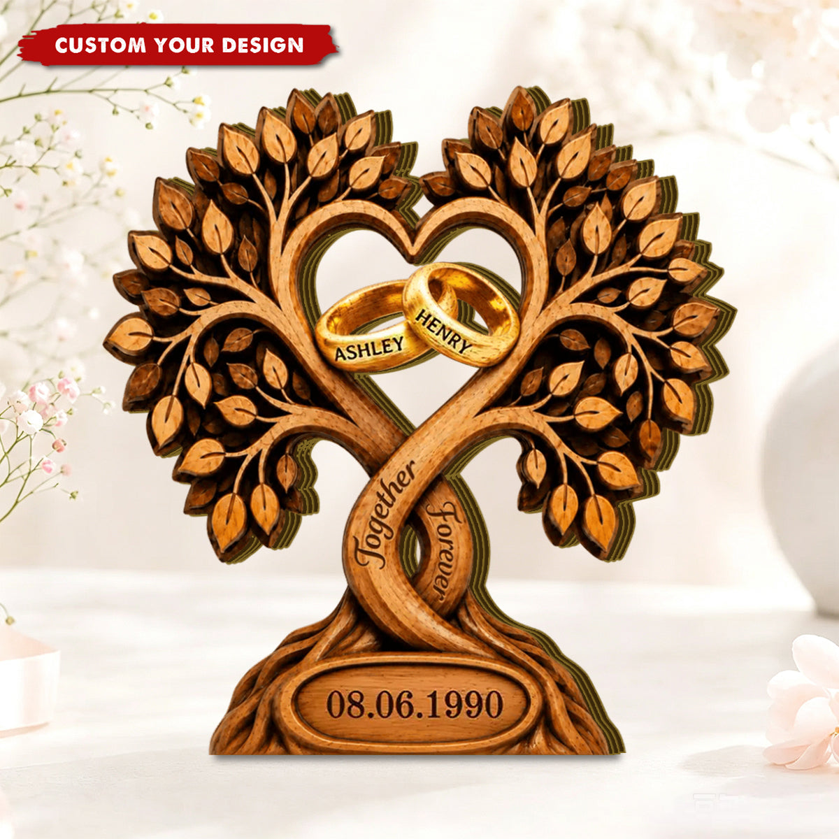 Heart Tree of Life Wedding Ring Personalized Wooden, Anniversary Gift