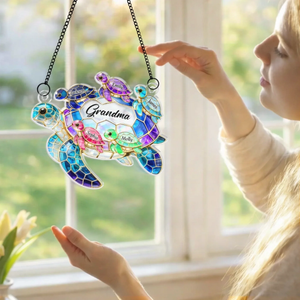 Custom Window Hanging Suncatcher-Personalized Turtle Family Ornament