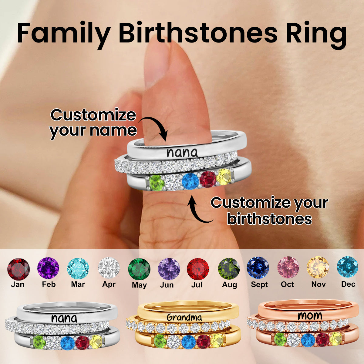 Personalized Family Birthstones Ring - Gift For Grandma/Mom - woohops