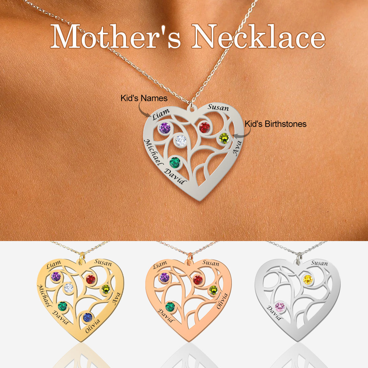 Personalized Heart Family Tree Birthstone Necklace With Name, Mother's Day Gift