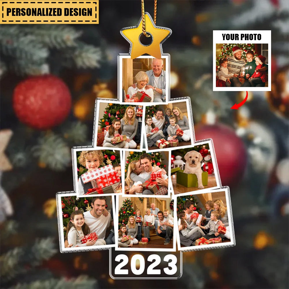 Christmas Upload Photo Family Pine Tree 2023 Personalized Ornament