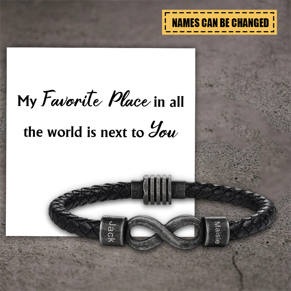 Personalized Dual Name Infinity Leather Bracelet - Gift For Couple