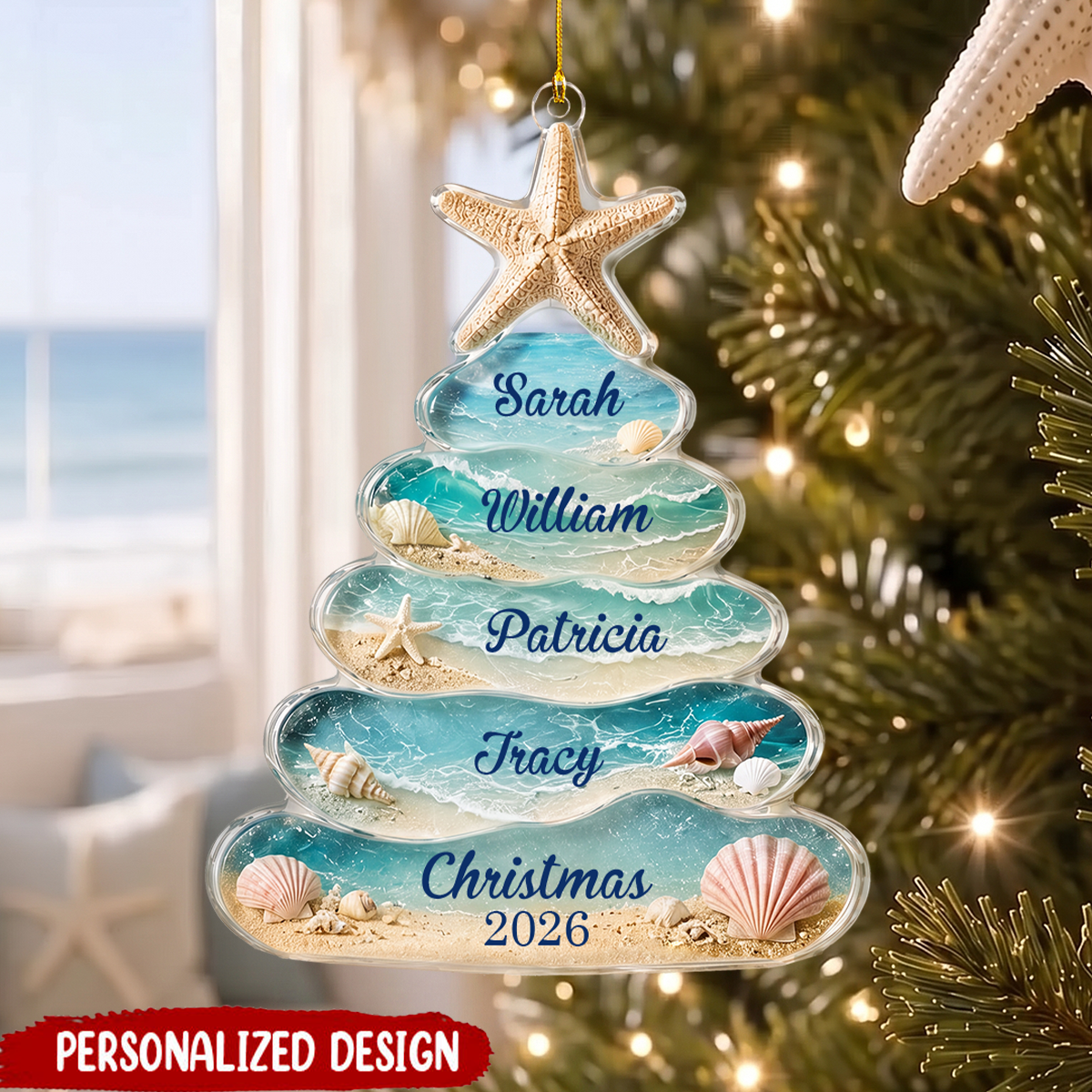 Personalized Sea Glass Tree Ornament, Coastal Family Christmas Keepsake