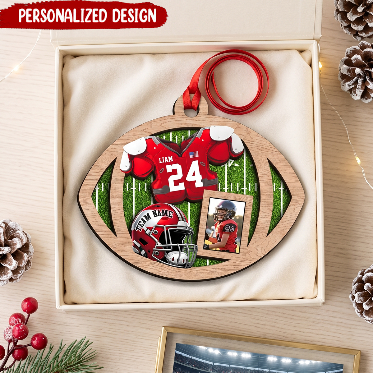 Custom Photo Football 2 Layer Wood Ornament,Keepsake for Football Players