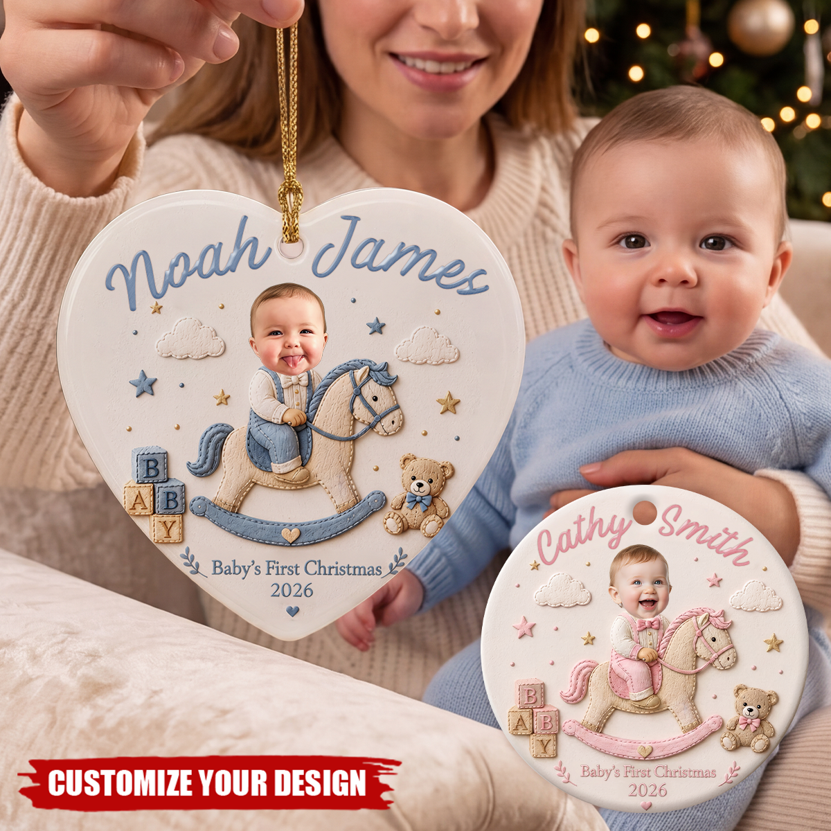 Personalized Baby's First Christmas Photo Ornament, Cute Baby On Rocking Horse